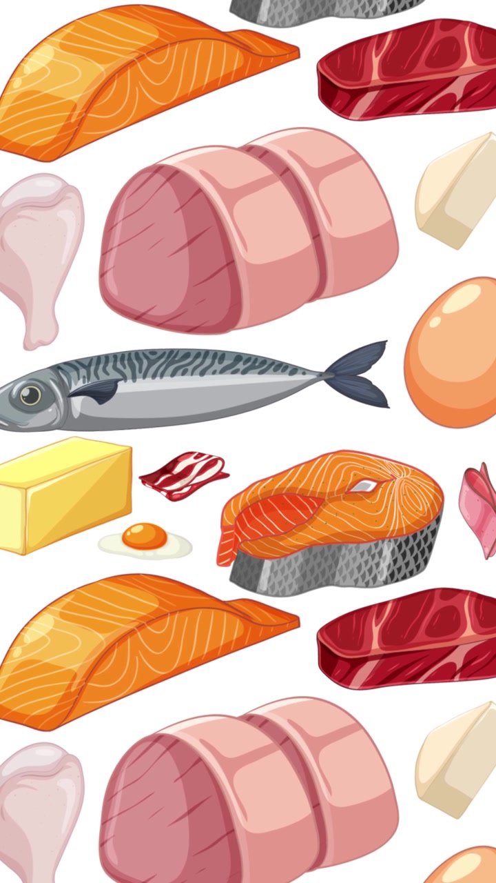 Illustrazioni di cibo colorate che passano fluidamente con sfondi mutevoli, creando un'esperienza visiva dinamica e vibrante.