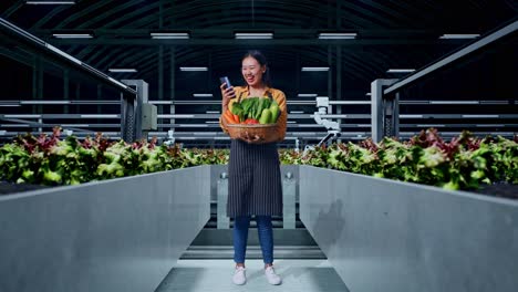 cuerpo lleno de feliz agricultora asiática con canasta de verduras celebrando mientras usa teléfono inteligente en la granja inteligente