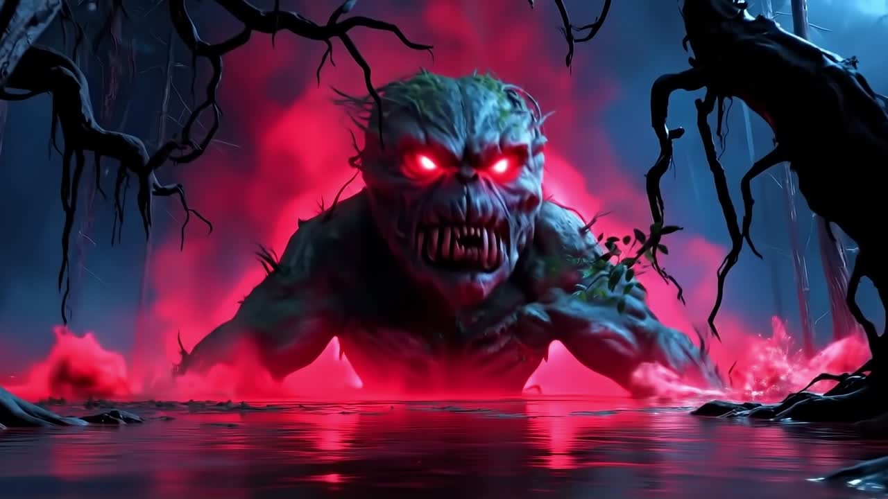 A demonic creature in the middle of a swamp with red eyes