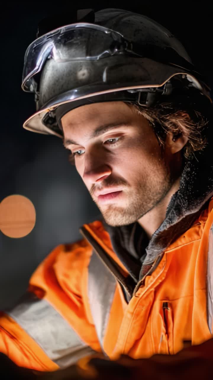 Operaio concentrato con cappello e dispositivi di sicurezza che esamina l'attrezzatura di notte, evidenziando l'importanza della sicurezza e dell'attenzione ai dettagli in situazioni critiche