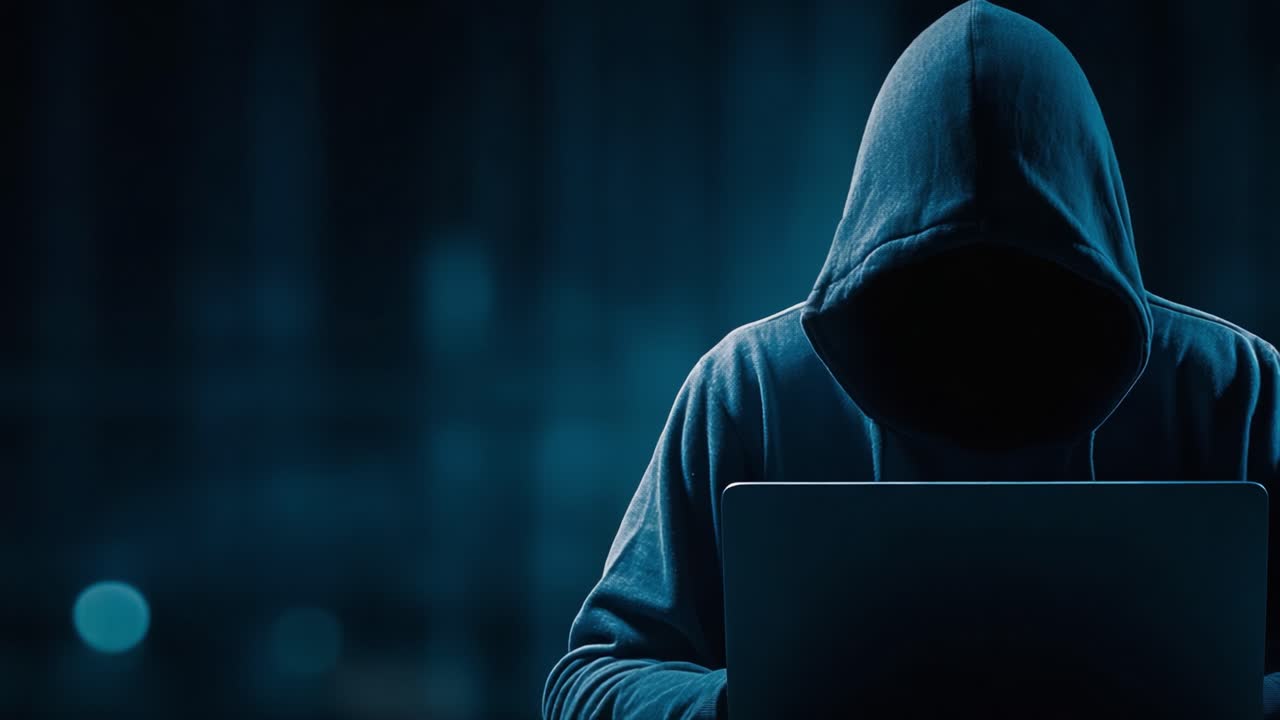 A Mysterious Figure in a Hooded Sweatshirt Engaged with a Laptop, Enveloped in Shadows and Dim Light, Lurking in the Depths of Cyber Space, Representing the Essence of Digital Intrigue