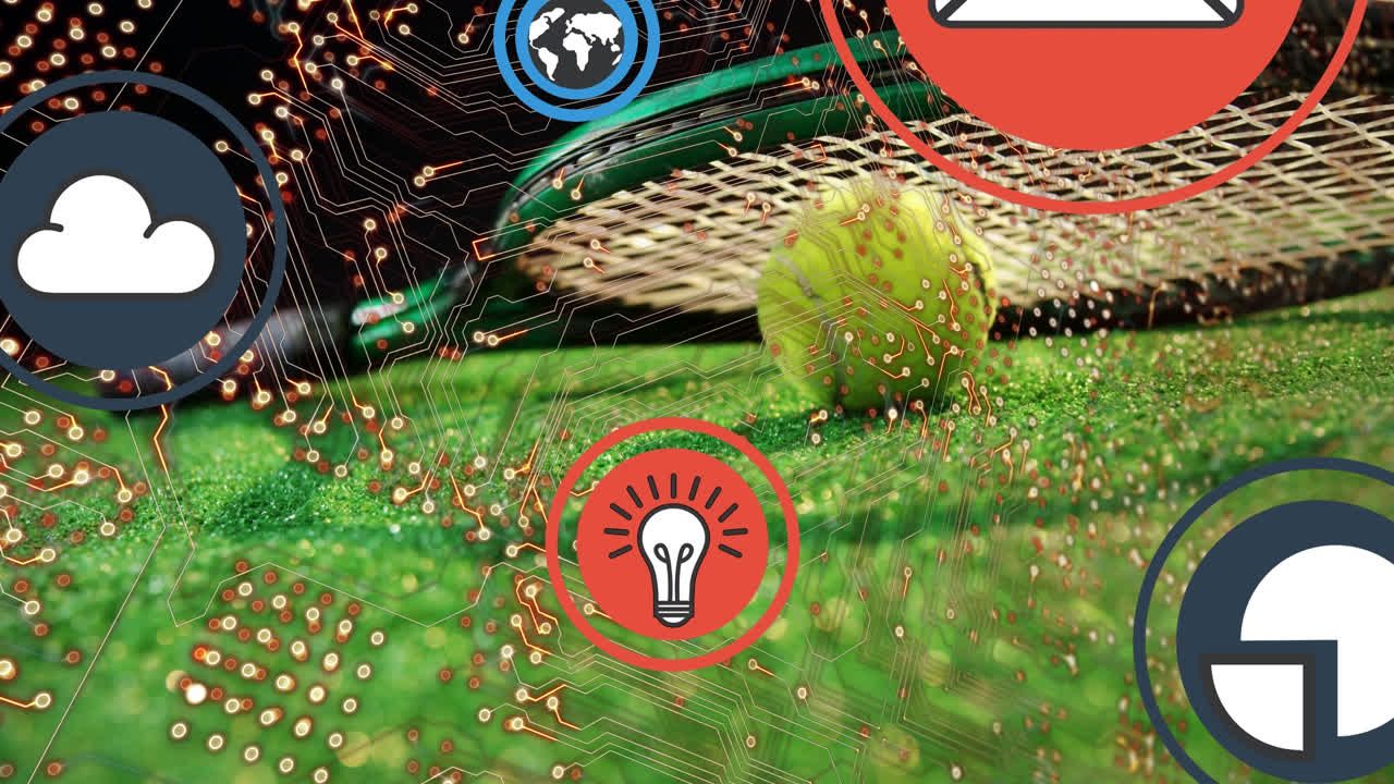 테니스 라켓과 공 위에 아이콘과 컴퓨터 회로판의 애니메이션