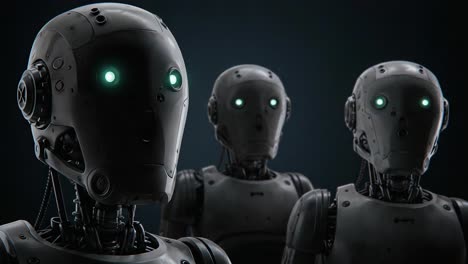 a trio of futuristic robots featuring sleek designs and glowing eyes, set against a dark backdrop, showcasing advanced technology and sophistication in artificial intelligence