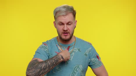 young adult bearded man fingers down, demanding immediate serious conversation, giving command