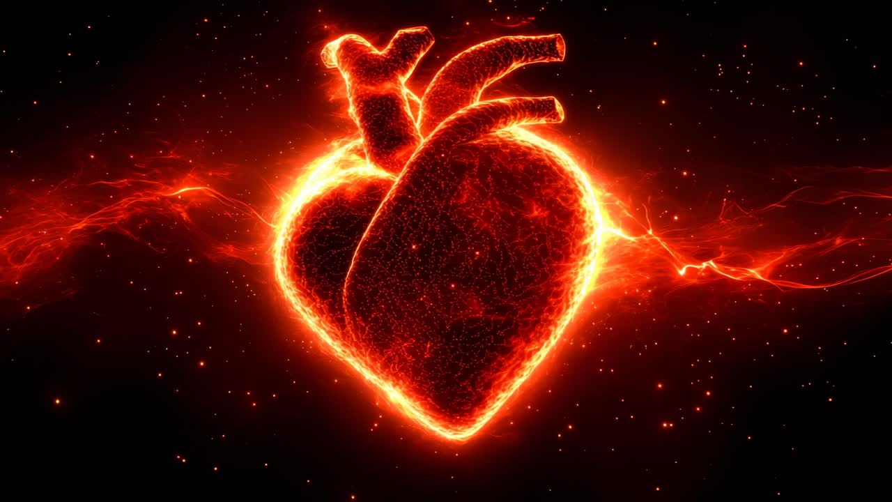 Heart design illuminated with fiery glow. A glowing heart design appears vibrant with fiery colors, showcasing intricate details against a dark background.