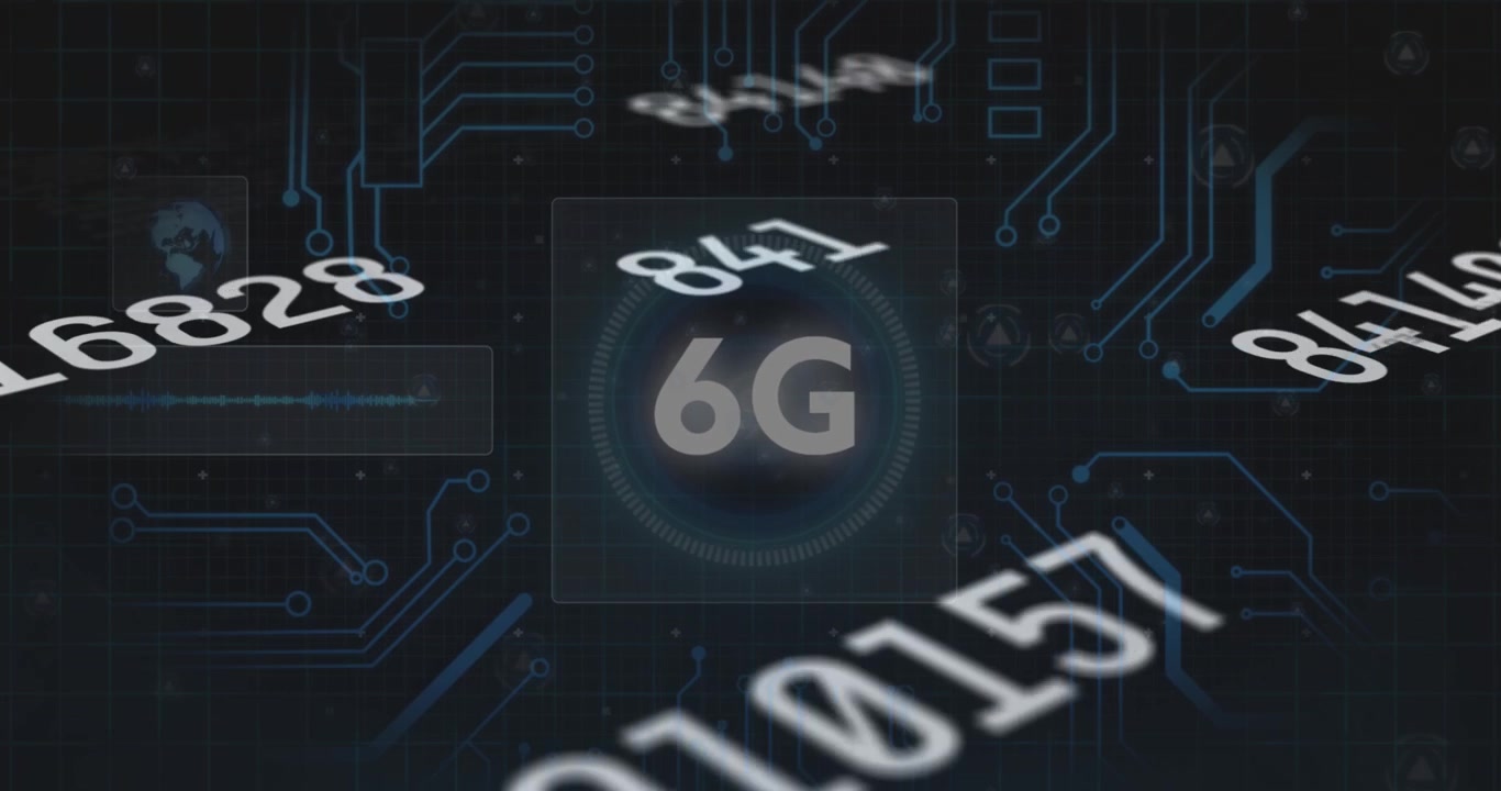 Animation of numbers, 6g icon with hud processing on digital interface