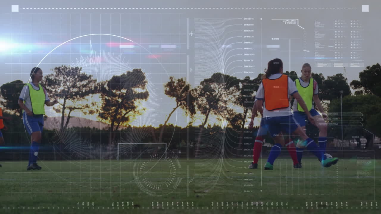 축구 선수들이 데이터 분석 애니메이션으로 경기장과 나무 배경에서 훈련하고 있습니다.