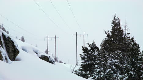 Stromleitungen-Verlaufen-Zwischen-Einer-Gruppe-Schneebedeckter-Felsen-Und-Bäume