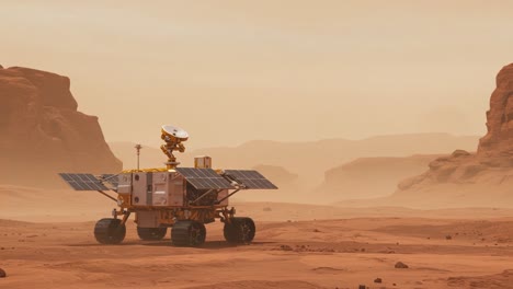 exploring the martian surface: a breathtaking view of the rover in the vast red desert under a dusty atmosphere