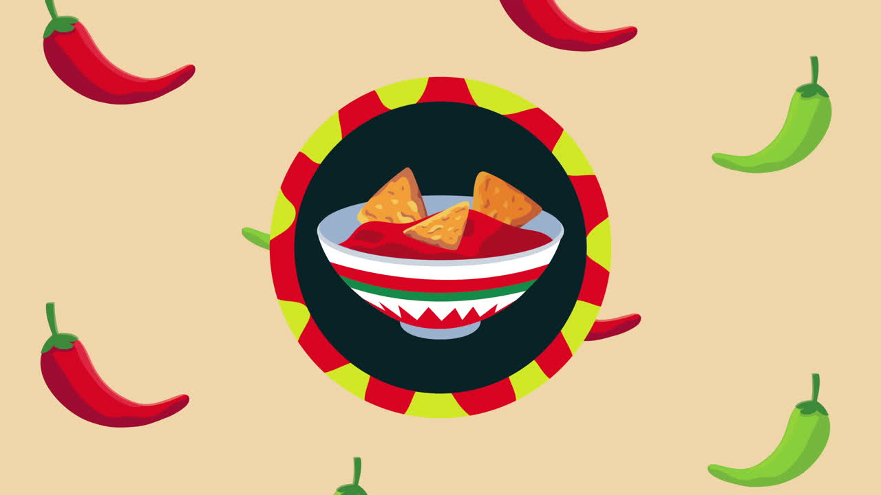 토마토 소스와 칠리 고추에 나초를 넣은 cinco de mayo 축제