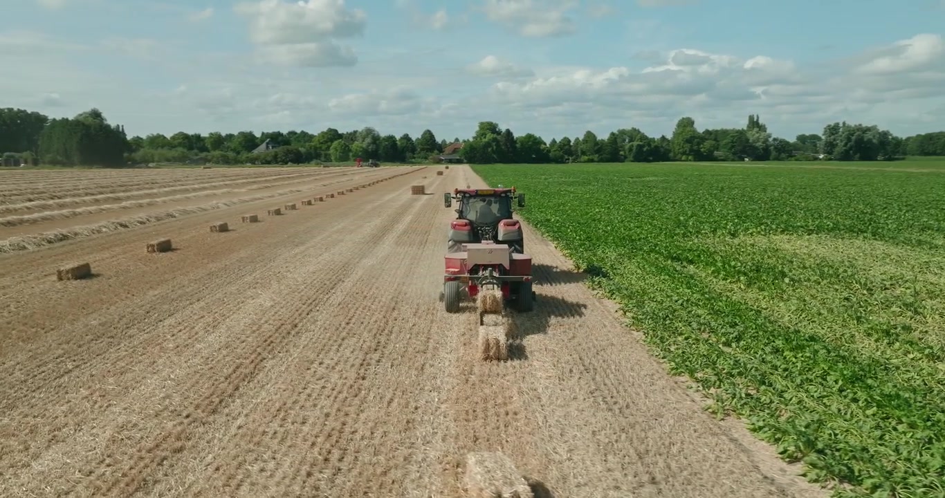 Low-angle drone orbit around a red tractor towing a straw baler across a harvested wheat field under blue skies and cotton clouds in the Dutch countryside on a sunny summer day.