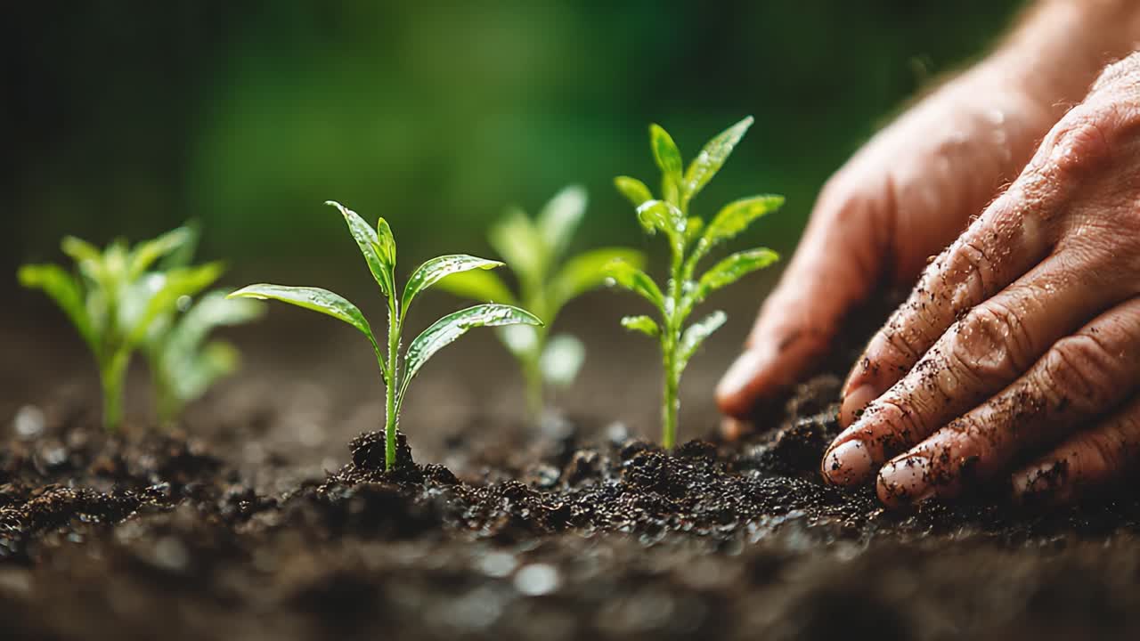 Nurturing Growth: A Close-Up of Hands Planting Young Seedlings in Fertile Soil, Signifying Hope and New Beginnings in Nature's Cycle