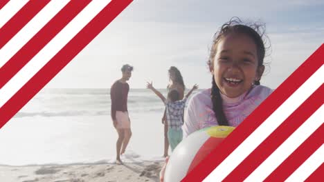 animación de la bandera de los estados unidos de américa sobre una pareja biracial con niños de vacaciones en el mar.