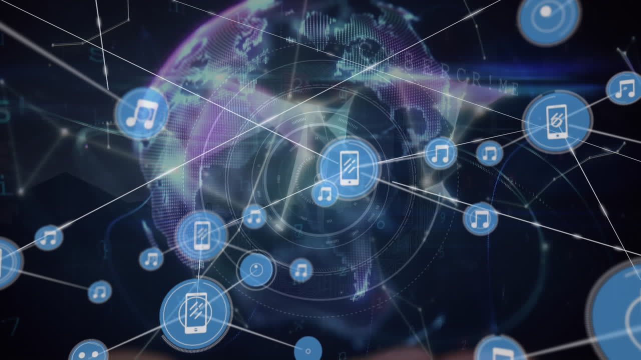animación de una red de iconos digitales sobre un globo de redes de plexo que giran sobre manos cubiertas