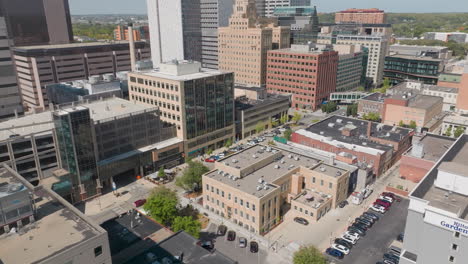 downtown buildings in rochester, minnesota, low-altitude aerial footage