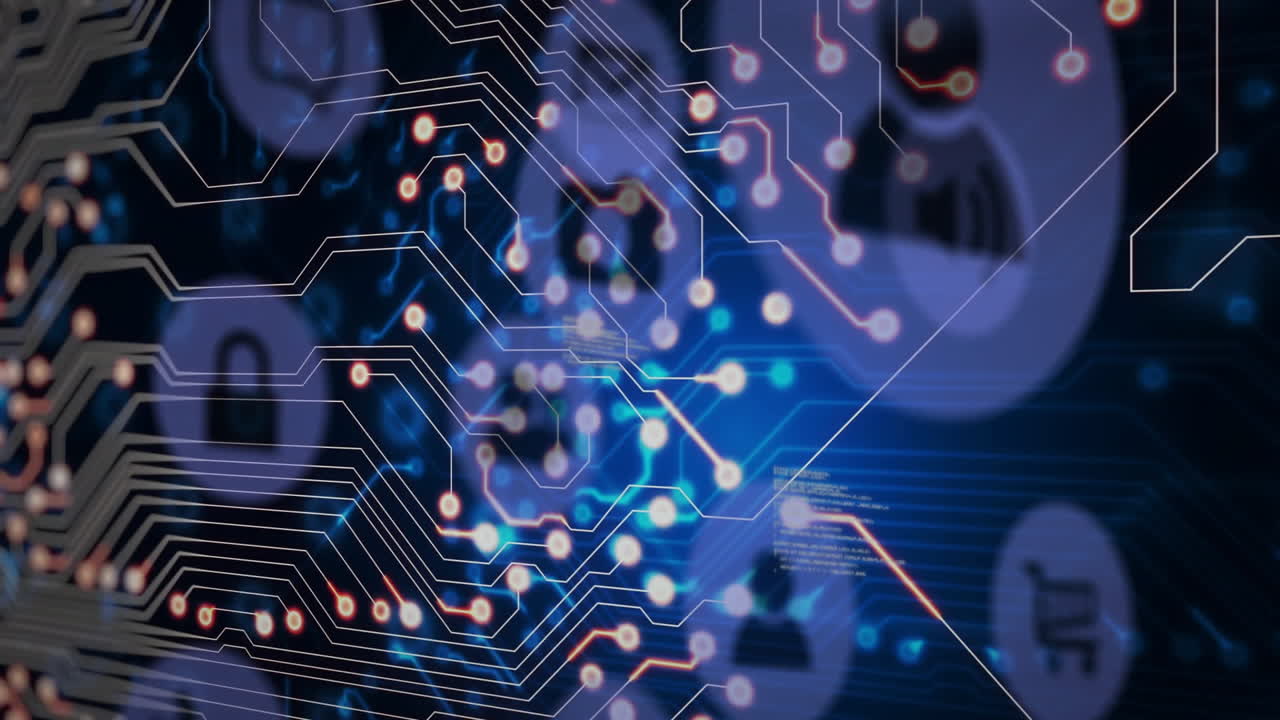 Glowing nodes with animation on circuit board pattern over digital blue background