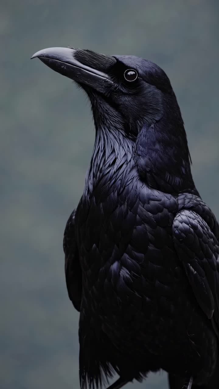 Close-up video still of a raven with a side profile, showcasing its glossy feathers against a muted