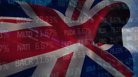 animation of financial data processing over caucasian numbers and numbers iran flag numbers