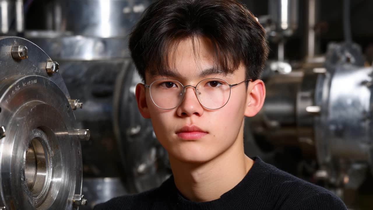 Portrait of a Young Individual Against a Metallic Background, Showcasing a Serious Expression in a Modern Industrial Setting