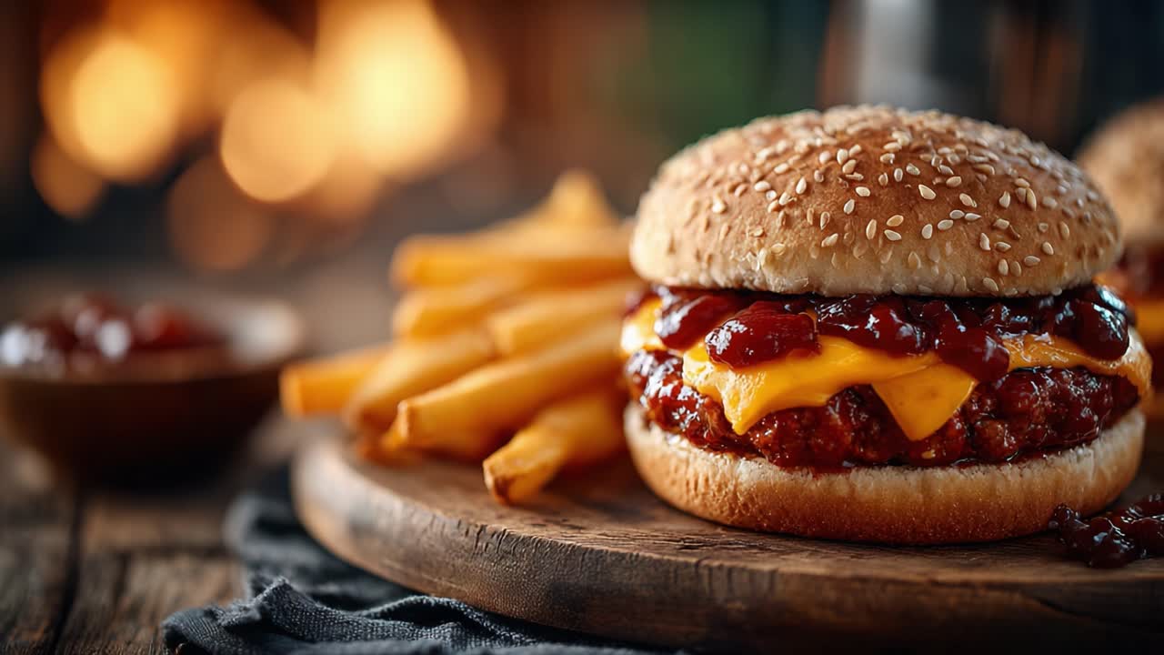 Köstliches Barbecue-Sandwich mit Cheddar-Käse und knusprigen Pommes Frites in einer rustikalen Umgebung, perfekt für Feinschmecker und kulinarische EnthusiastInnen