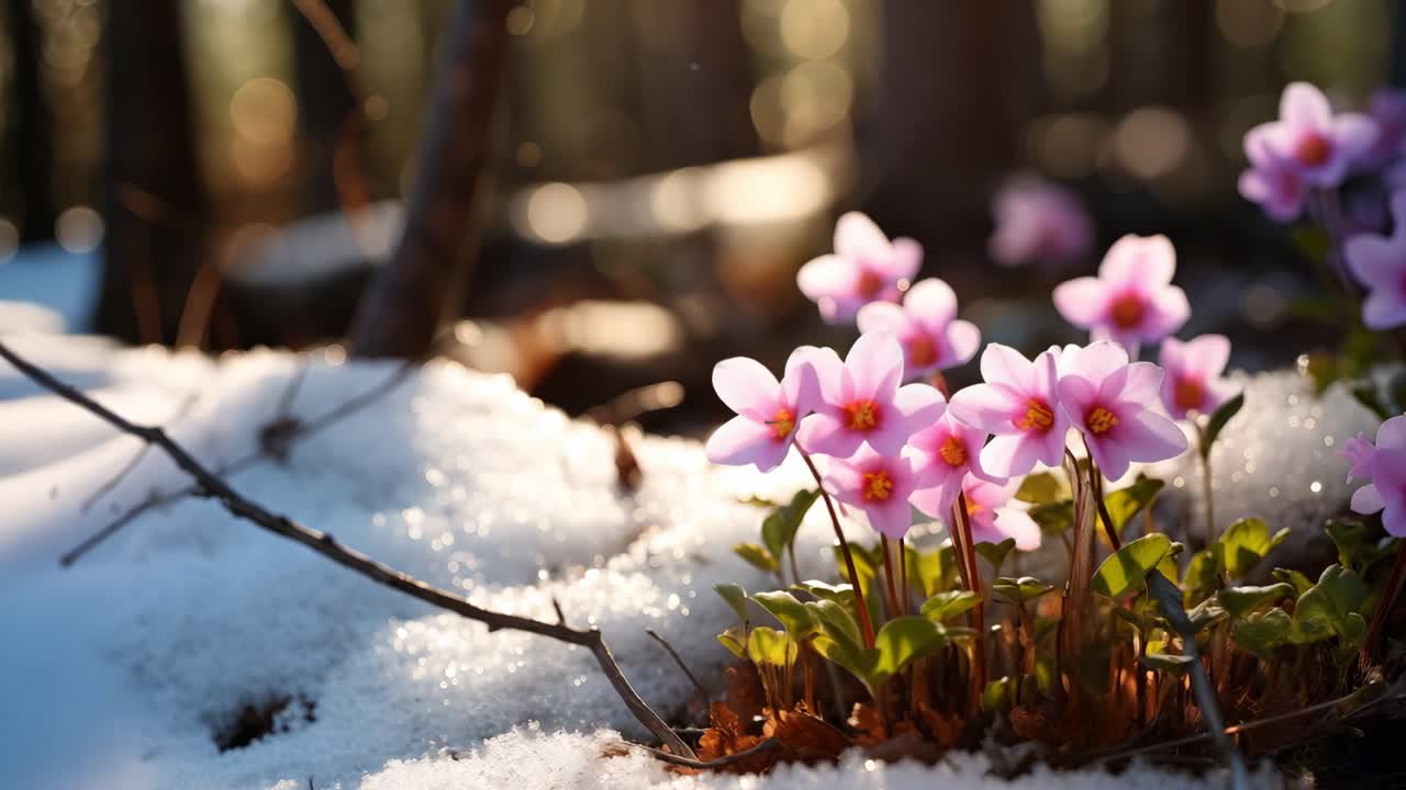 Soft pink wildflowers emerging through melting snow and dry leaves, bathed in warm sunlight filtering through forest woodland landscape during early spring transition