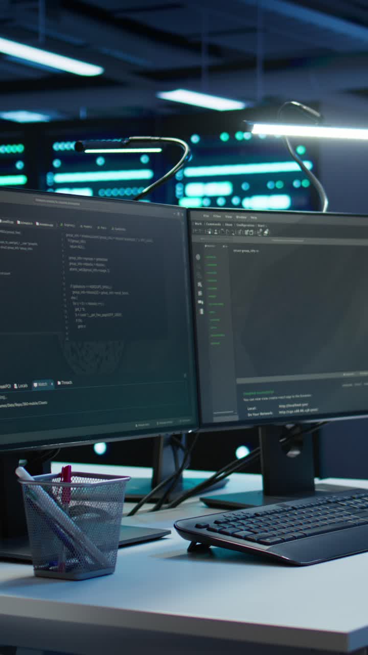 Dual Computer Monitors Showing Programming Code in a Server Room