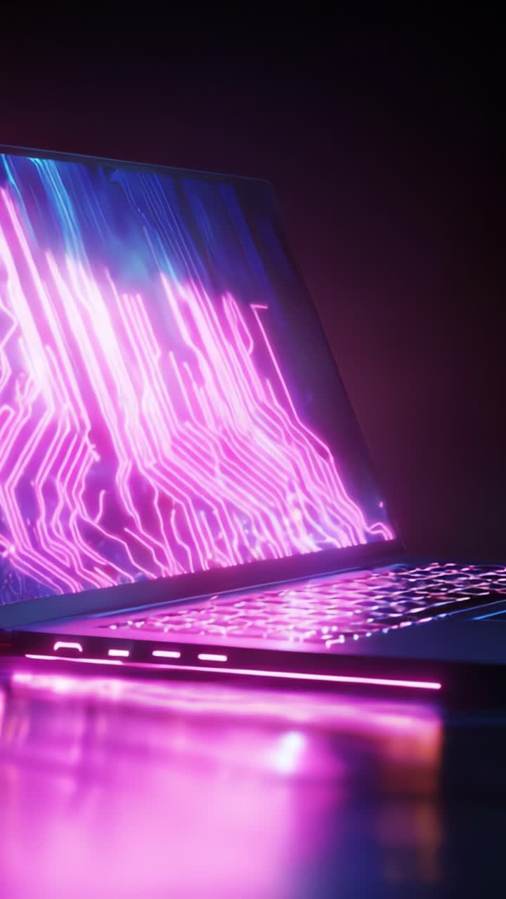 Elegant Close-up of a Sleek Laptop Showcasing a Vibrant Circuit Pattern on the Screen and Keyboard Illuminated with Neon Colors and Glow Effects