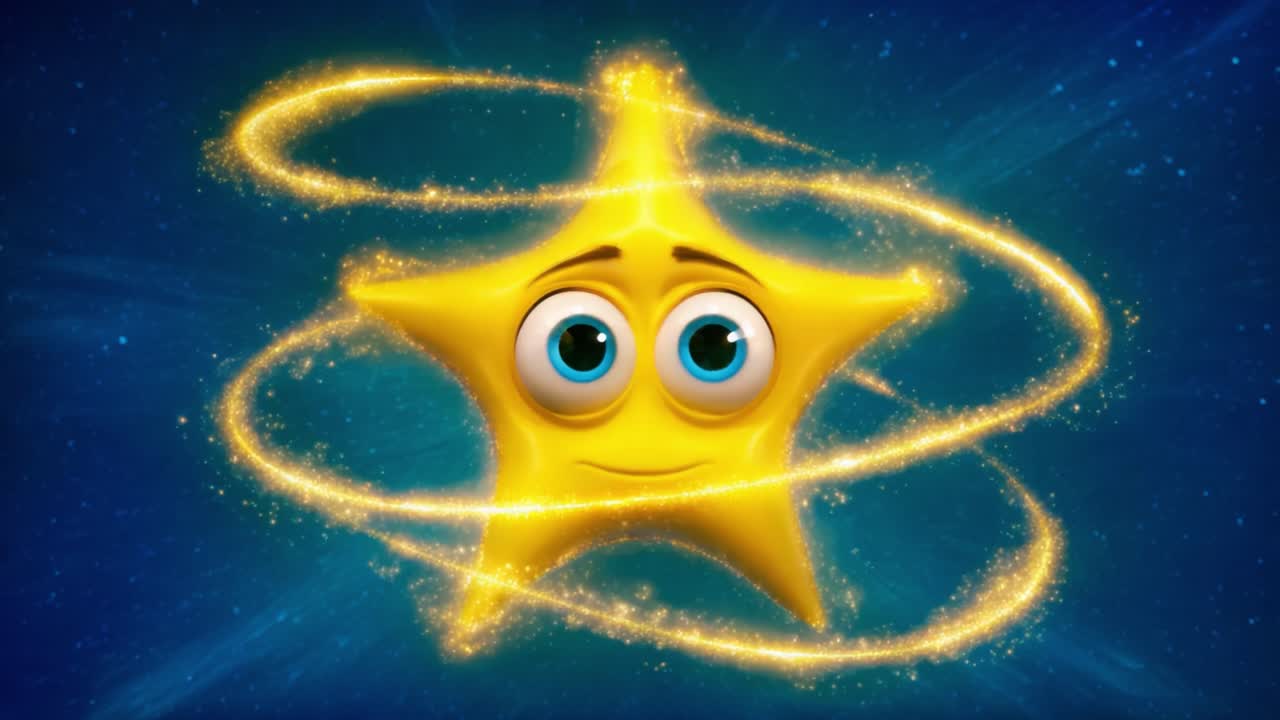 A joyful animated star character twinkles with a sparkling halo, capturing a whimsical essence of happiness and playfulness in a cosmic setting filled with enchanting lights