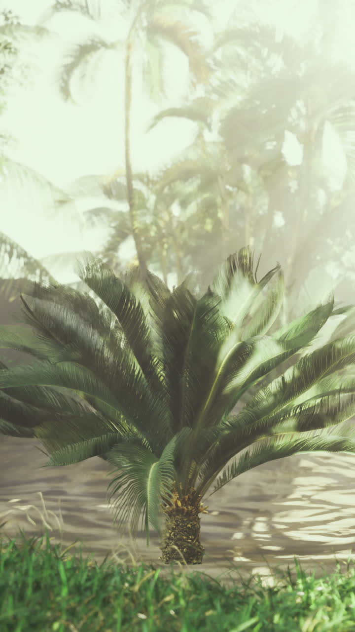 Lush green tropical forest with mist and vibrant vegetation in sunny weather