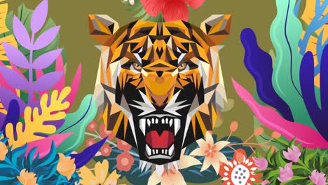 Animation-of-colourful-foliage-parting-to-reveal-snarling-tiger,-on-green-background