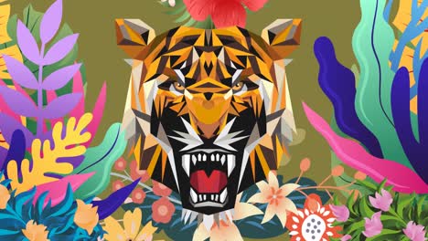 animation of colourful foliage parting to reveal snarling tiger, on green background