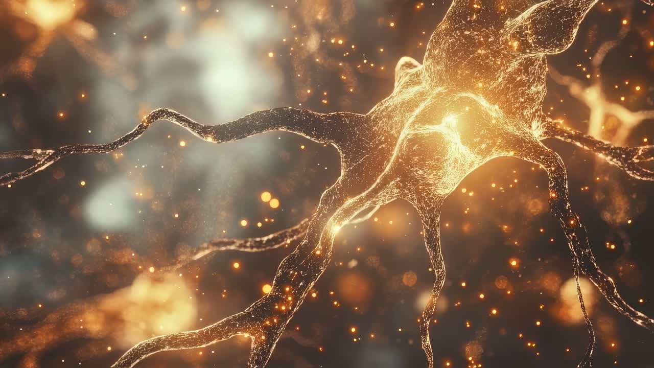 Detailed scientific visualization revealing glowing neuron transmitting electrical and chemical signals, representing complex neural communication and biological information processing