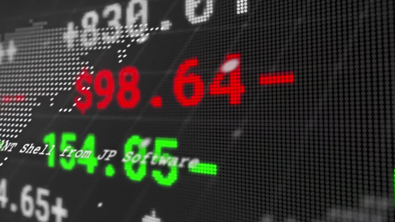 Digitale Animation der Börsendatenverarbeitung über Globus und Weltkarte auf grauem Hintergrund
