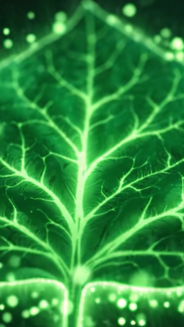 Una hoja verde vibrante iluminada por luz bioluminiscente, mostrando venas intrincadas y belleza natural en una hermosa perspectiva de primer plano.