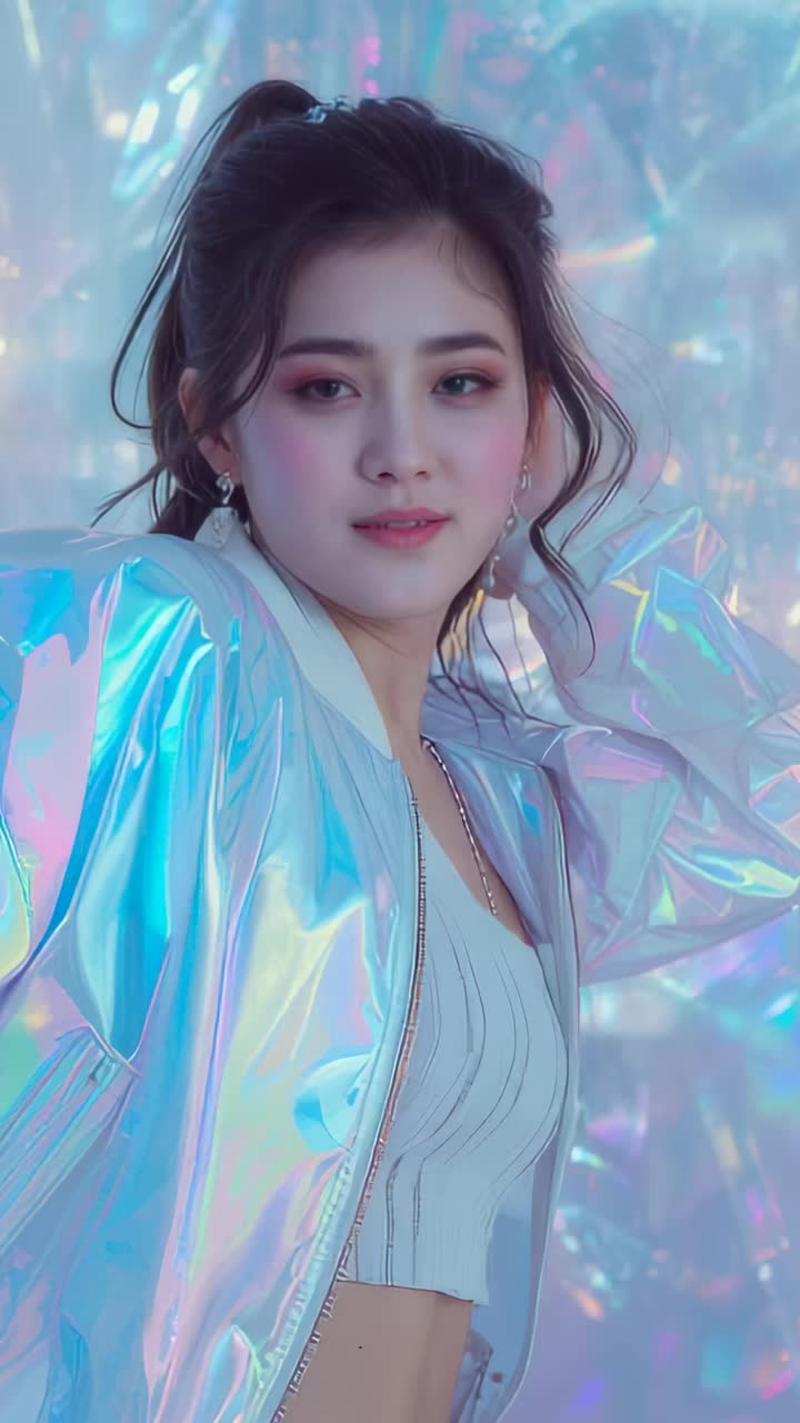 Vertical video: On cue, Asian model tucking hair, rotating to side then back on set with jacket