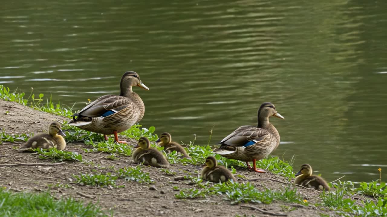 A Family of Ducks by the Water's Edge: Exploring the Bond Between Mother, Father, and Their Adorable Ducklings in a Serene Natural Setting