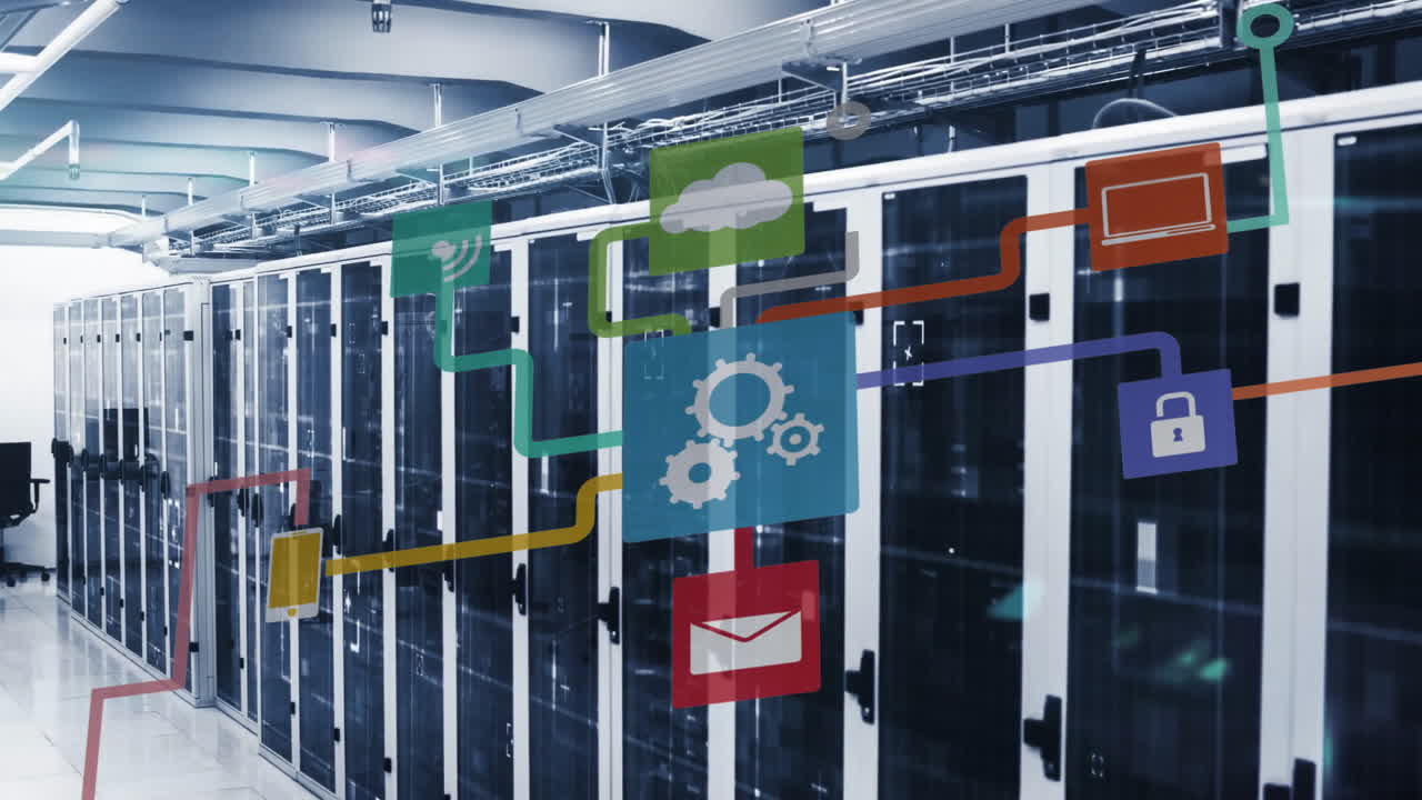 animación de la red de conexiones con iconos sobre la sala del servidor