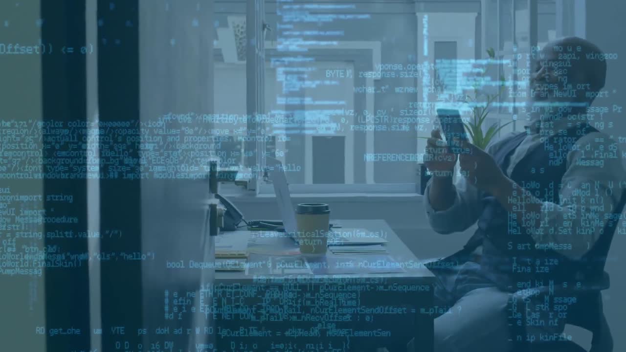 Animation of financial data processing over african american businessman using smartphone