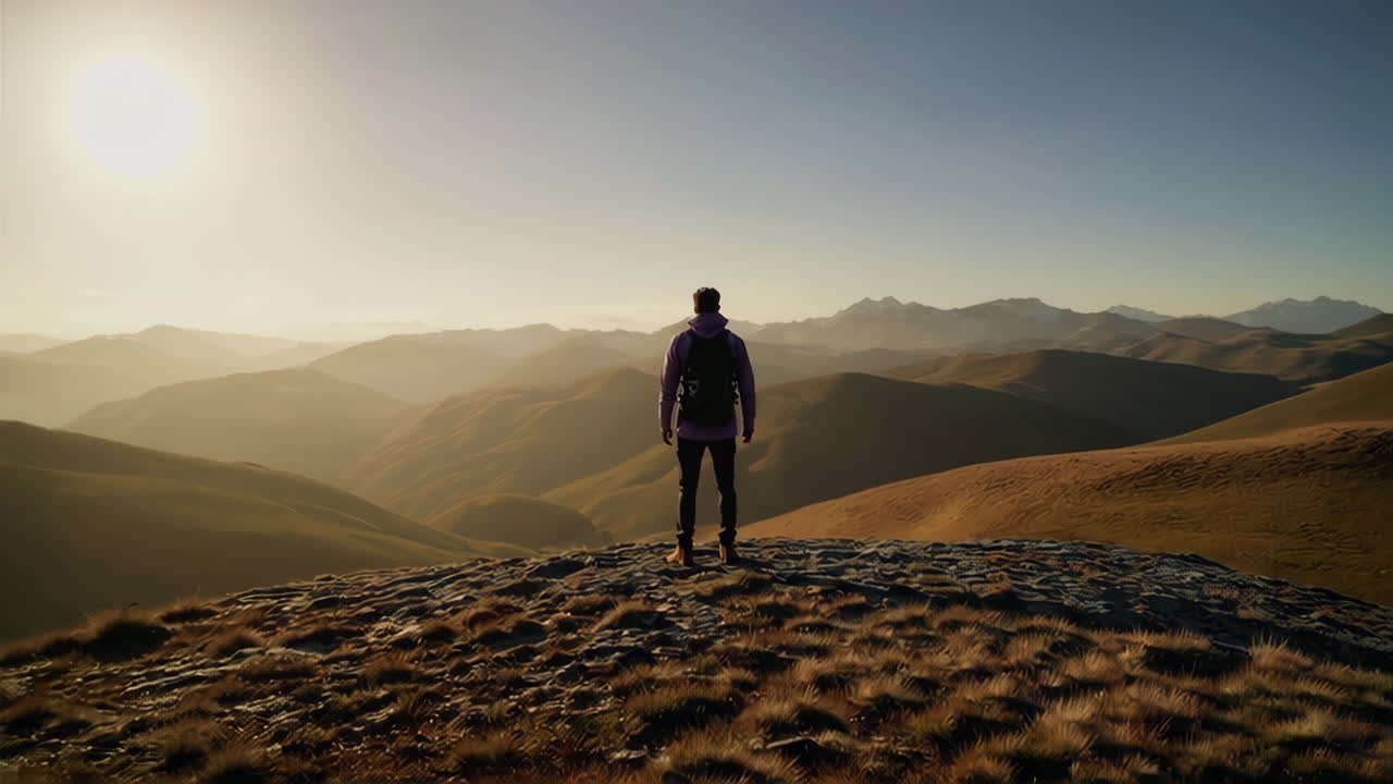 Hiker on Mountain Peak at Sunrise/Sunset
