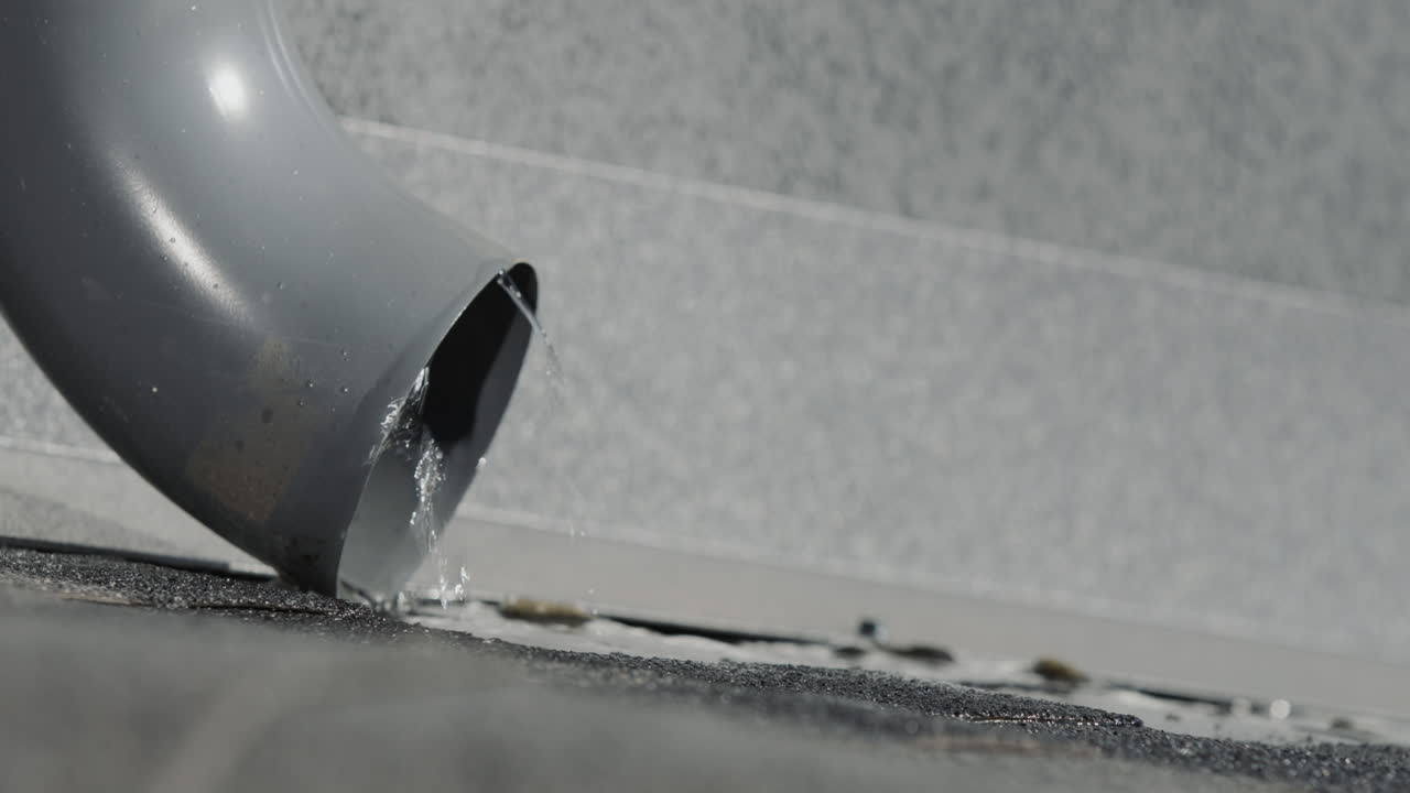 Melt water flows from a drain on the roof of a residential building