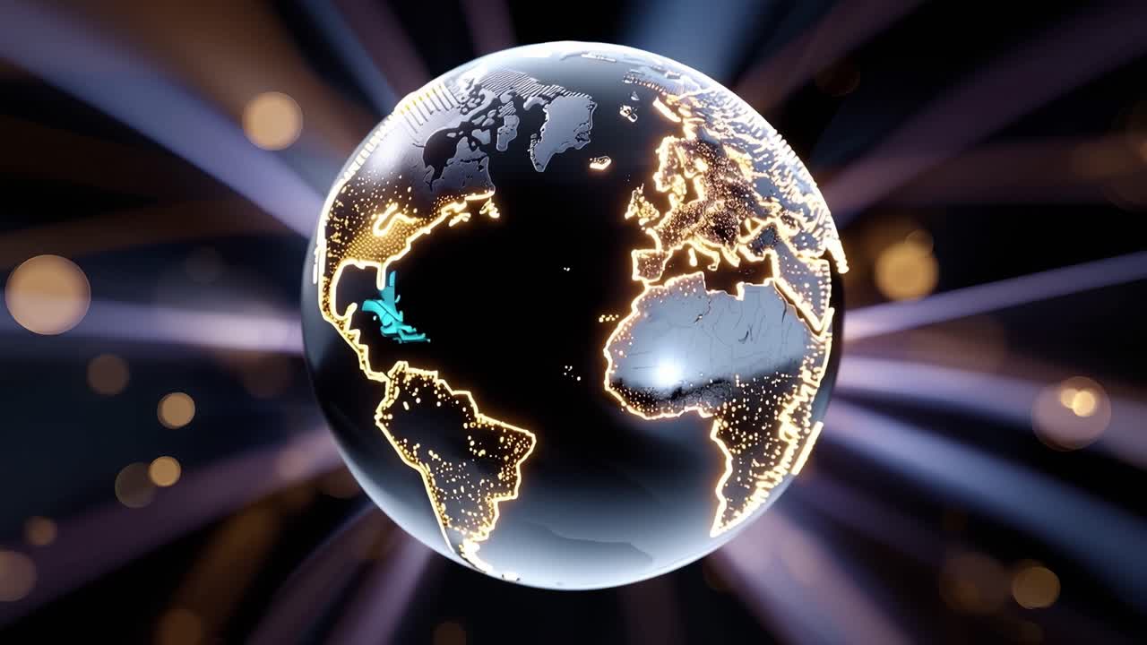 Digital Earth Globe Rotating with Illuminated Continents and Data Flow