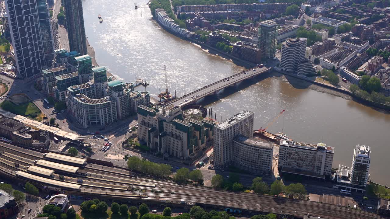Aerial view of the MI-6 Building, Vauxhall Bridge, Vauxhall Station and Vauxhall West, London, UK.