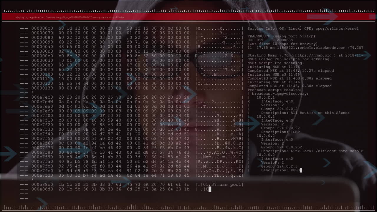 animación del procesamiento de datos digitales sobre un hacker caucásico