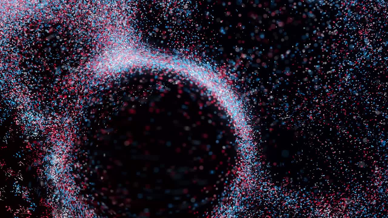 Animation of swirl of colorful dust. Animation. Streams of dust swell on black background. Colorful dust moves like vortex as if magnetized