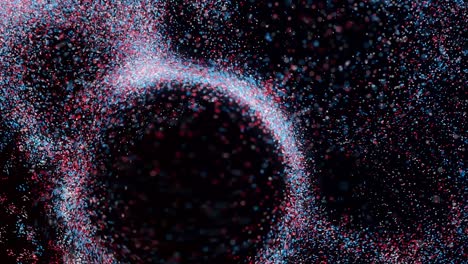 animation von wirbel von buntem staub. animation. staubströme schwellen auf schwarzem hintergrund. farbiger staub bewegt sich wie ein wirbel, als wäre er magnetisiert