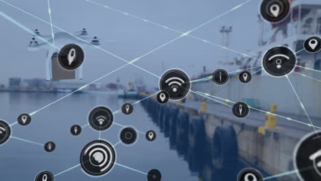 animación de la red de conexiones a través de drones con paquetes sobre el puerto