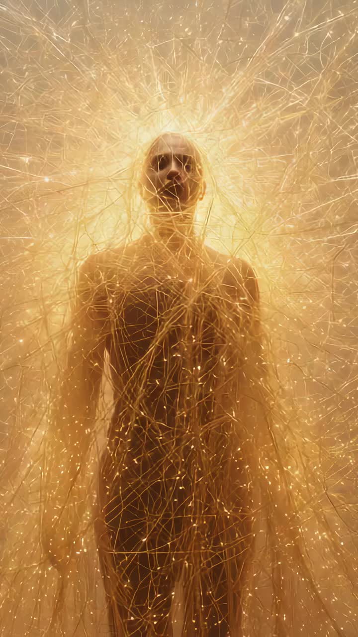 Vertical video: Tilting male figure being veiled by threads in golden field as halo rising, pulsing