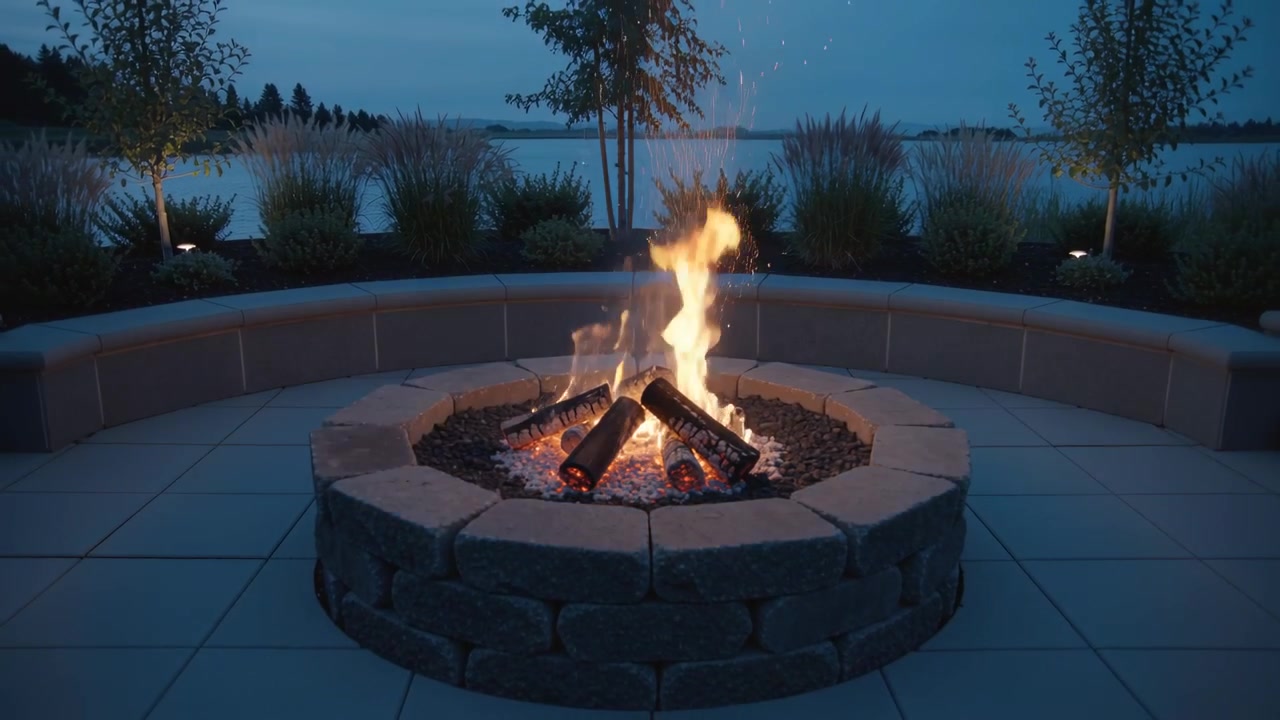Glowing embers fueling circular stone fire pit burning and flickering on lake patio