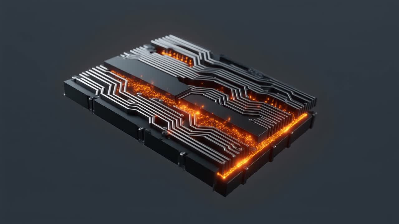 Futuristisk printkort med glødende orange datastrøm