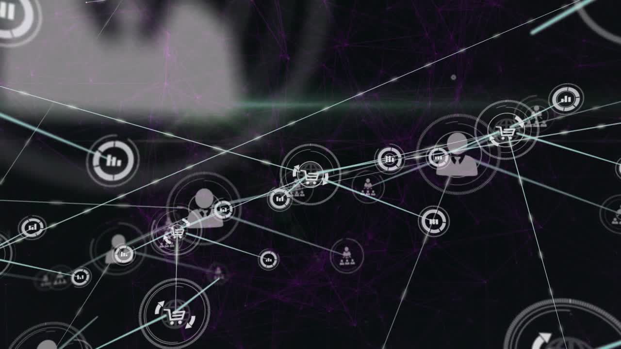 Animation of network of connections with icons on dark background